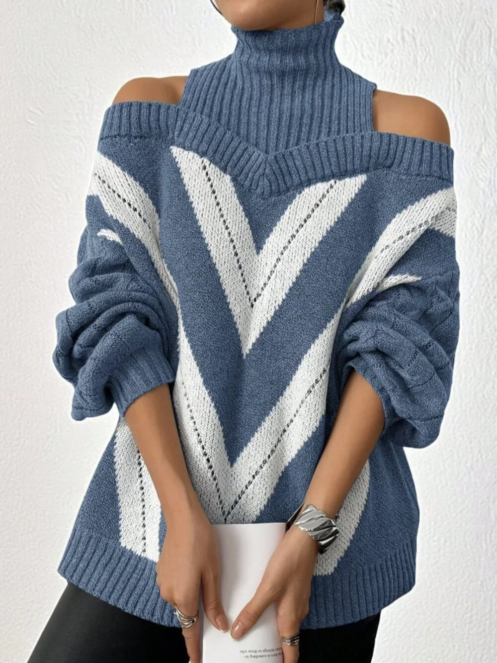 Blue Casual Women's Plus Size Open Shoulder High Collar Cable Knit Sweater